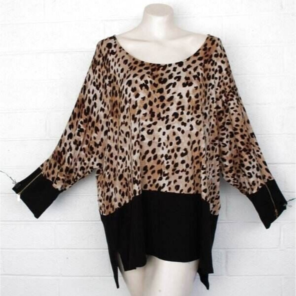 Calvin Klein 3X 24 26 Wild Cheetah Black Banded Zipper Accent Stretch Tunic Top